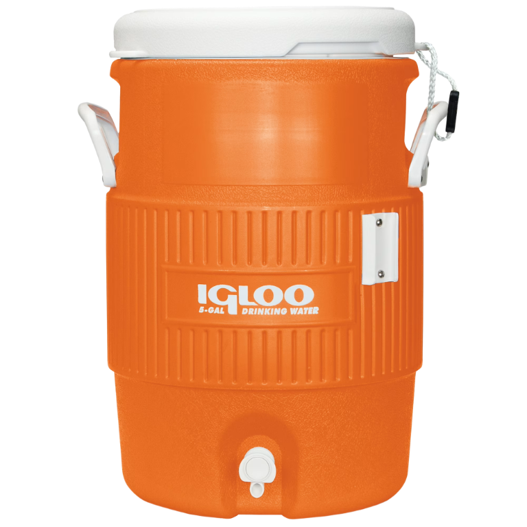 Orange Igloo five-gallon beverage jug