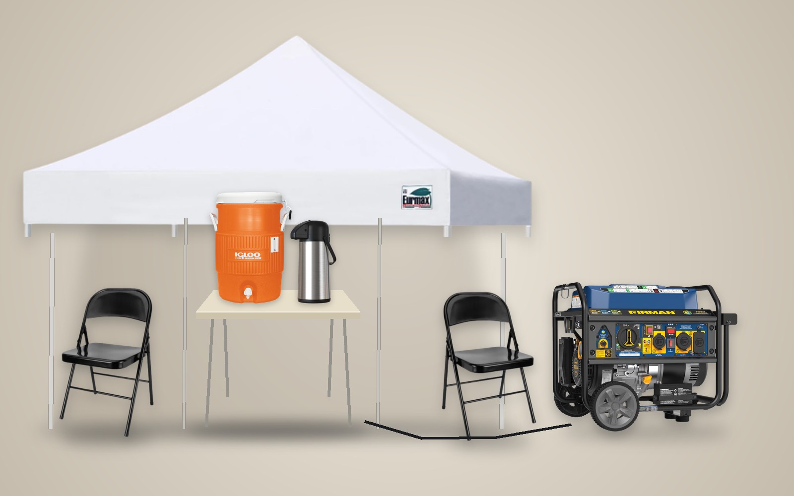 Production Package: canopy, table, chairs, generator, coffee and water